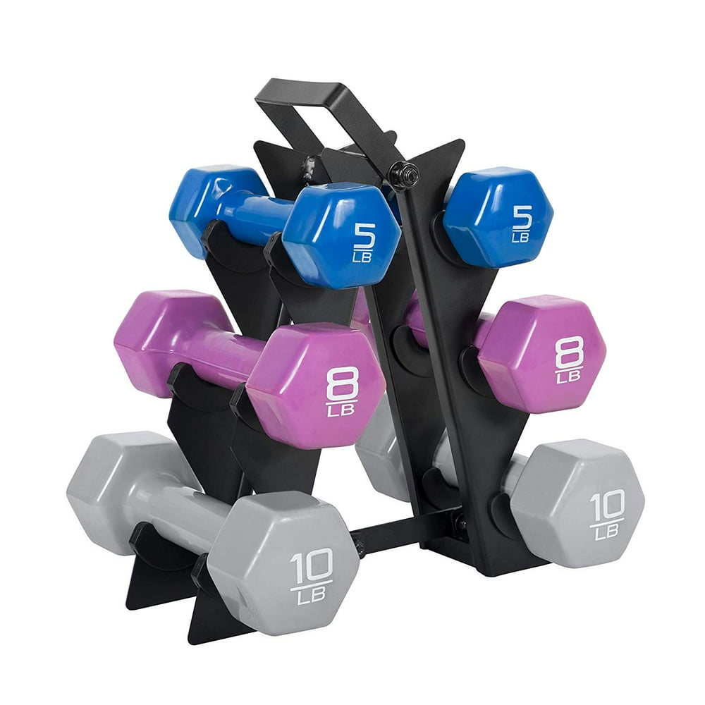WF Athletic Supply 46lb Vinyl Dipped Dumbbell Set with Storage Rack