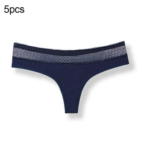 

5Pcs Women Underwear Sexy Solid Color Lace Patchwork Hollow out Thongs Low Waist G-String Dark Blue M
