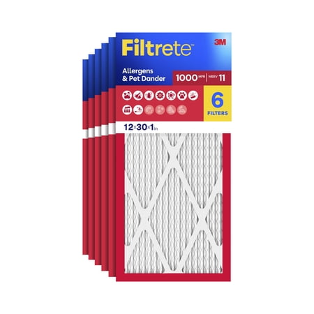 Filtrete 12x30x1 HVAC Furnace Air Filter, MPR 1000 MERV 11, Allergens & Pet Dander, 6 Pack