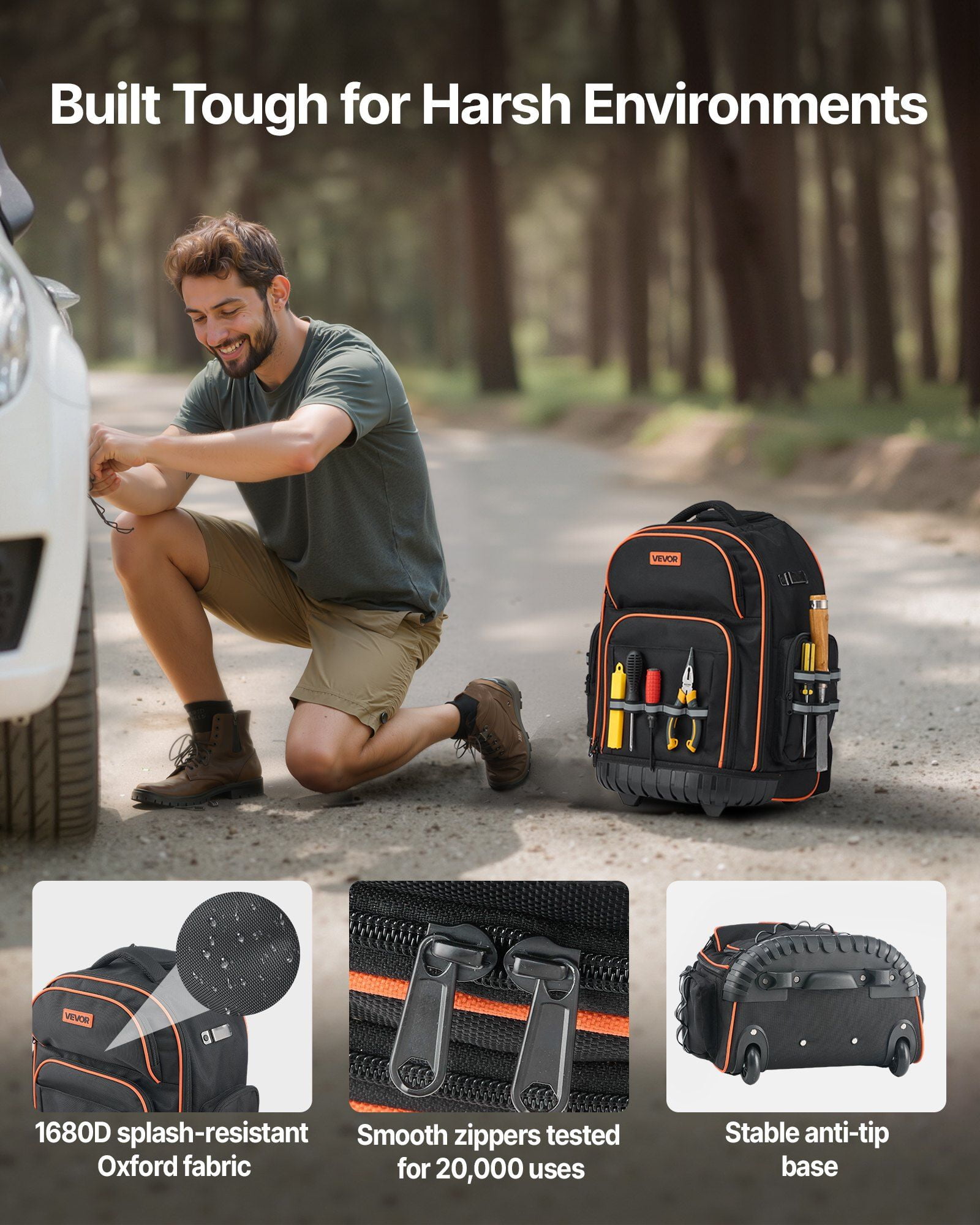 Rolling Tool Backpack 45 Pockets Heavy Duty Roller Tool Bag on Wheels