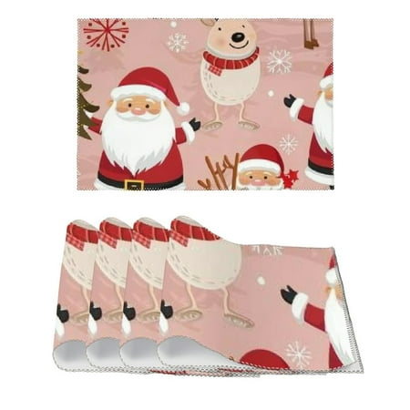 

FACANNAP Santa Clause Reindeers Pink Background Placemats for Kitchen Dining Table Set of 4 Party Decoration 11.8*17.7in