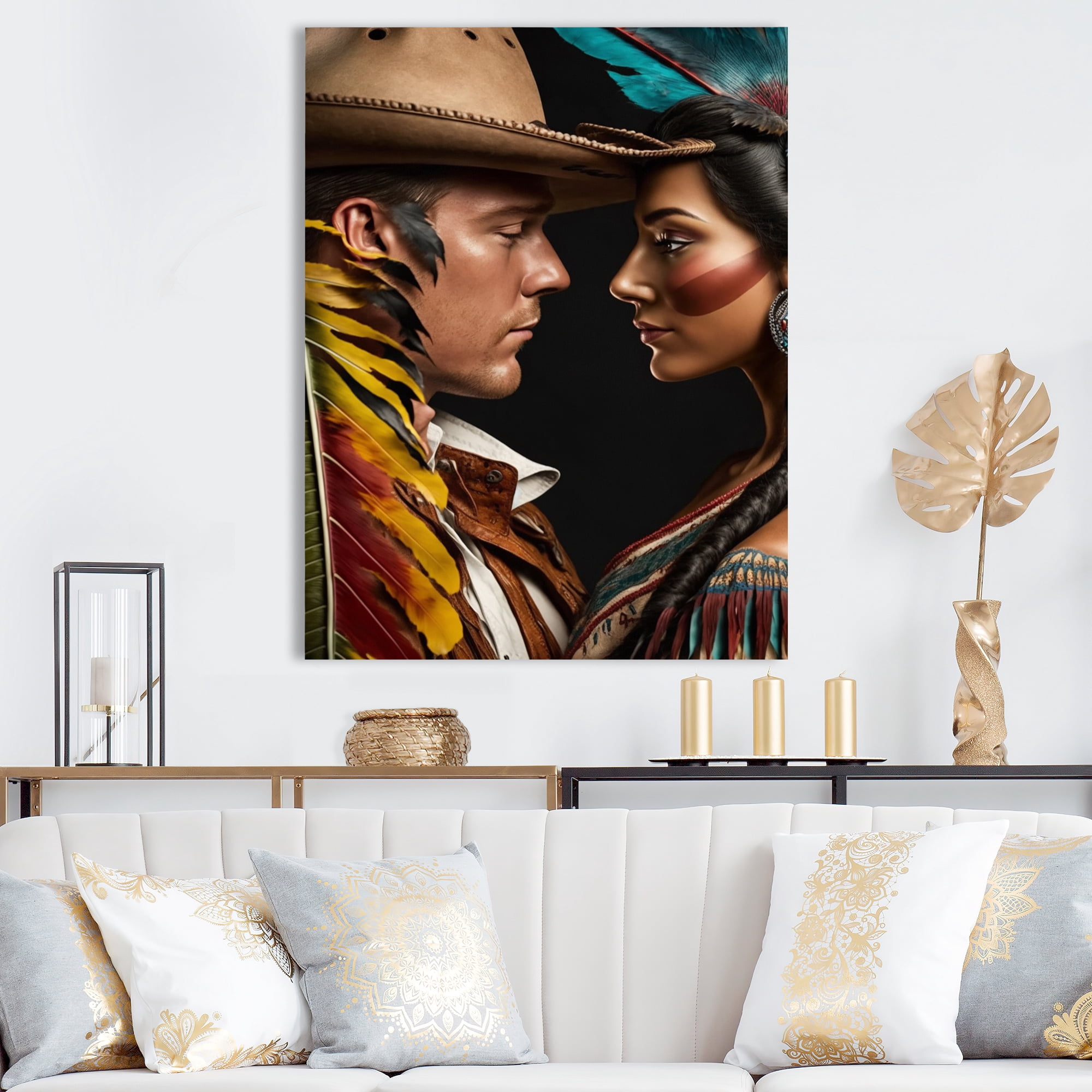 Designart Cowboy And An Indian Woman In Love IV Canvas Wall Art