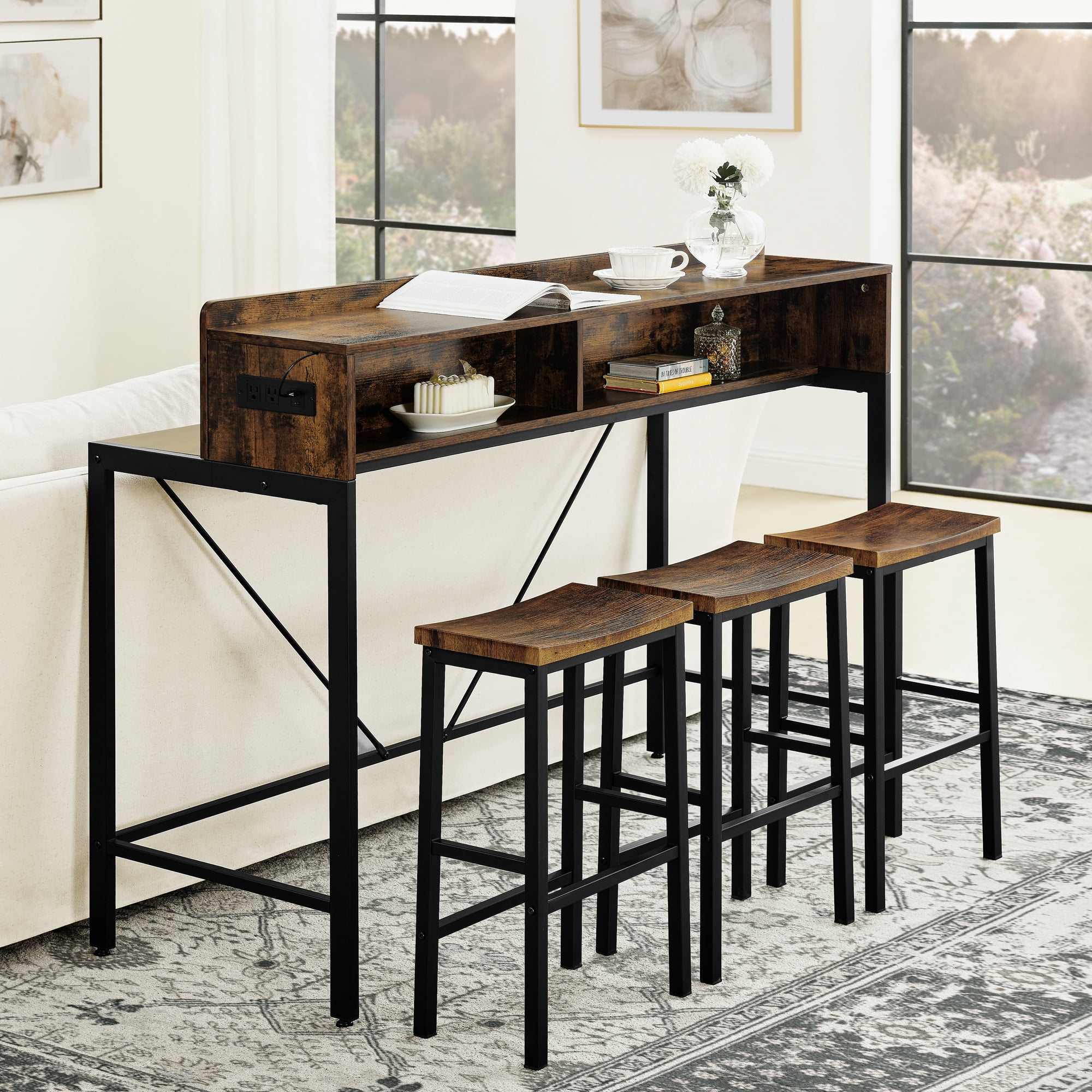 Aukfa Counter Height Dining Table Set, Kitchen Table W/ LED light,Storage Shelves & Power Outlet for Breakfast,Brown