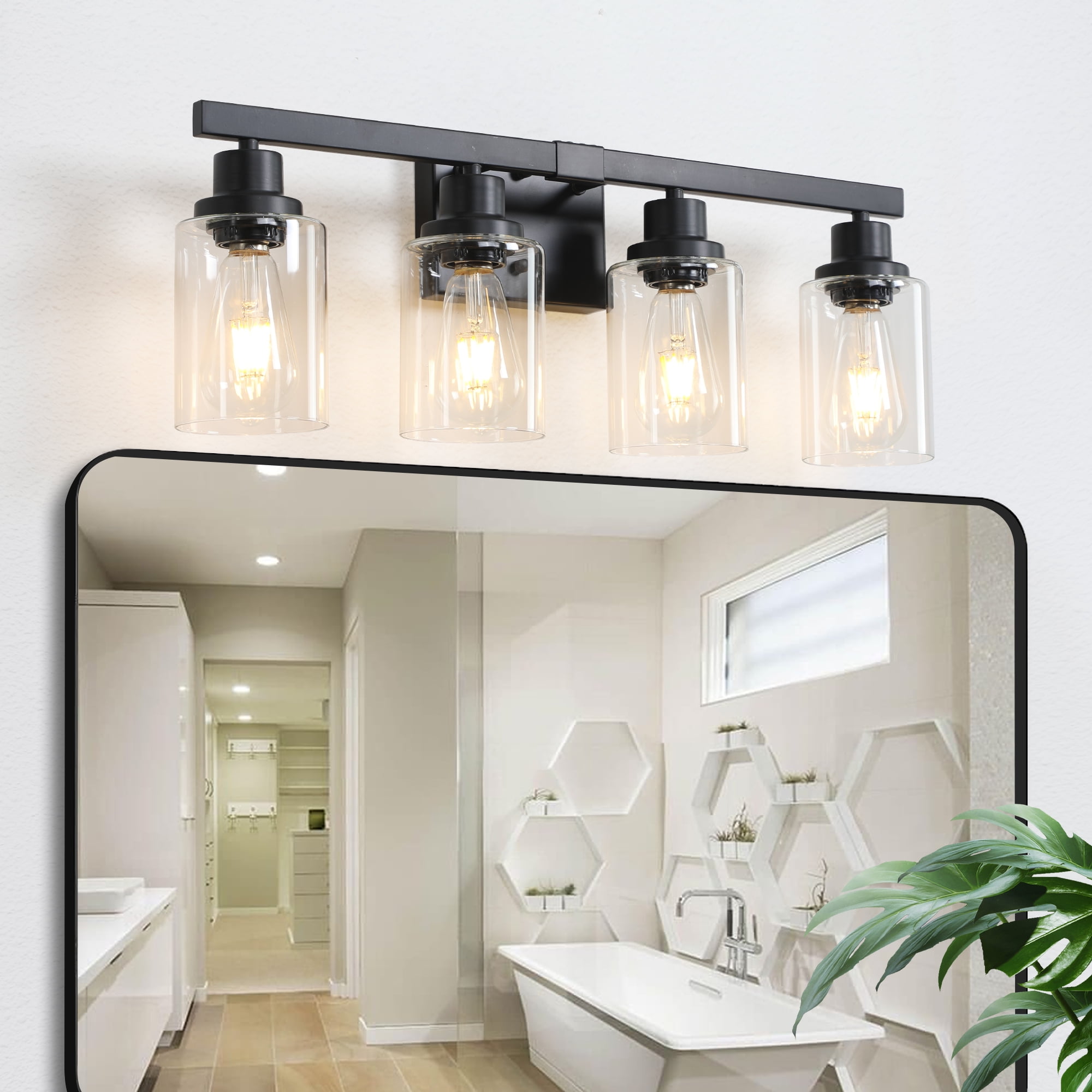 Jopath 24" Modern Black 4-Light Bathroom Vanity Light Fixture, Industrial Wall Sconce with Clear Glass Shades for Mirror, Bathroom, Bedroom, and Hallway (No Bulbs)