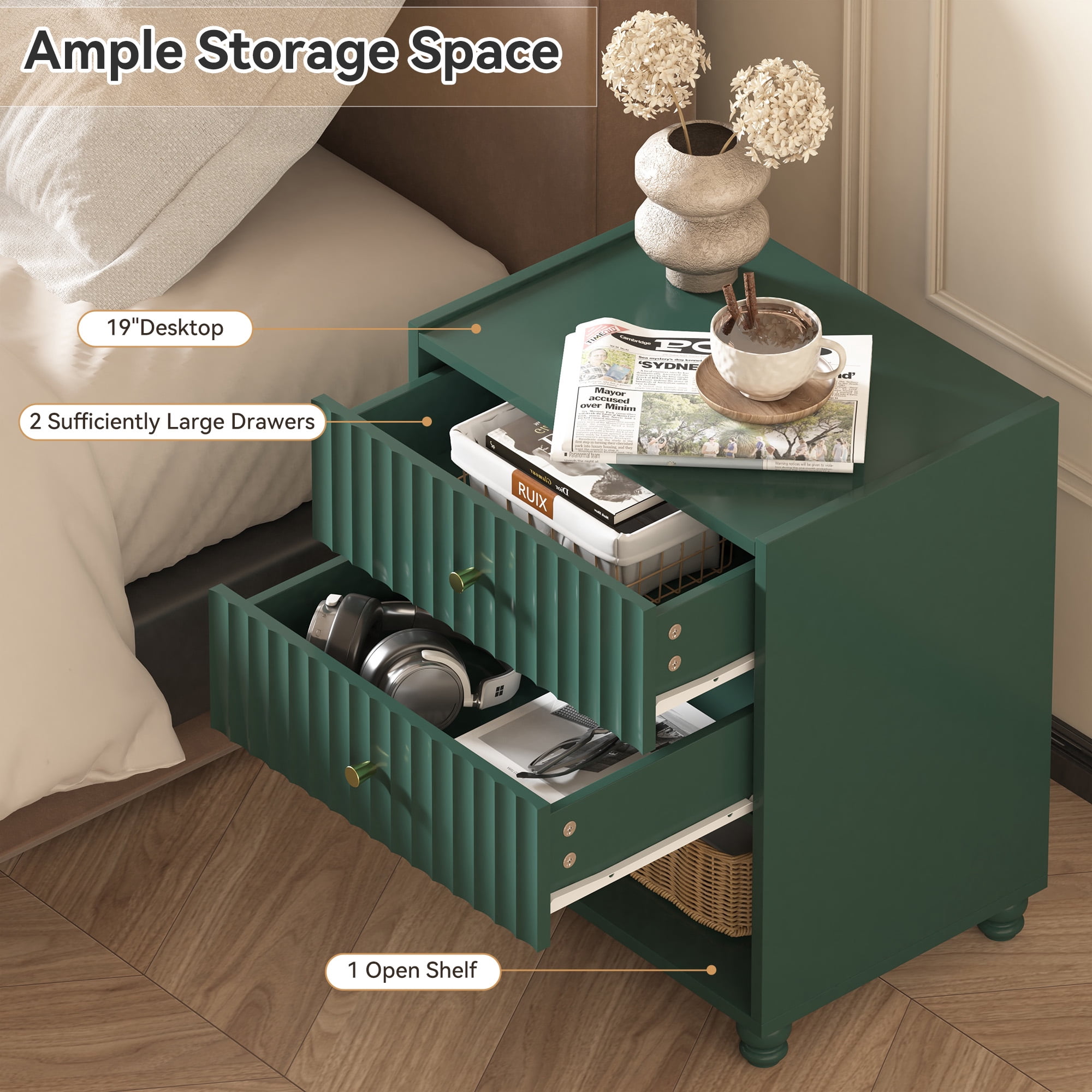 ZOSQUARE Modern Nightstand, Green Fluted Bedside Table with 2 Drawers and Open Shelf, End Tables with Gold Knobs for Bedroom, Living Room