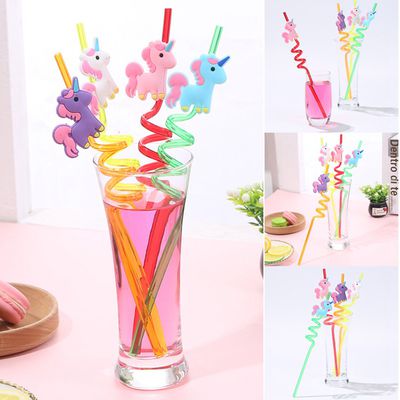 Akoada 4pcs Plastic Curled Straw Twisted Cartoon Unicorn Animal Plastic Art Straw Children Party Supplies