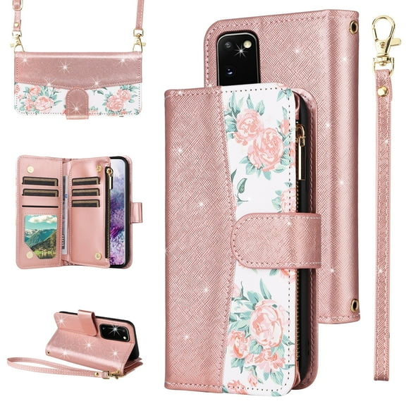 Furiet for Samsung Galaxy S20 5G 6.2 inch Floral Wallet Case with Flip Zipper Purse Wrist Strap Shoulder Strap Luxury Glitter PU Leather Card Holder Stand Phone Cover for S 20 20S UW S2O G5 Rose Gold
