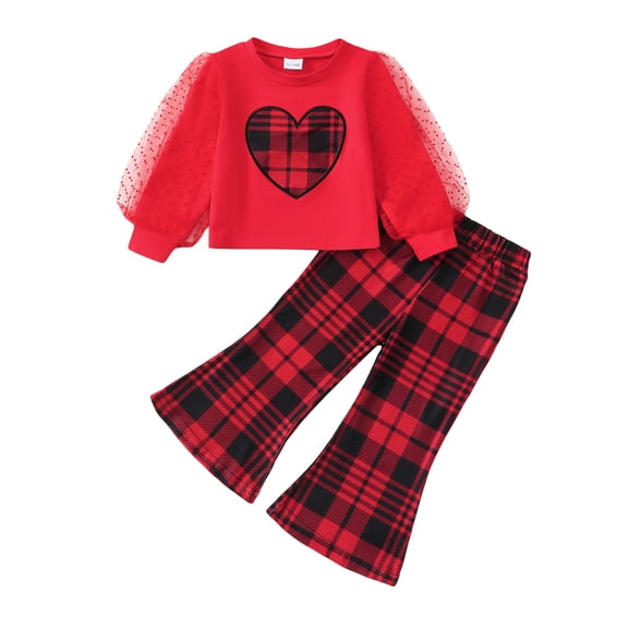 Kucnuzki 2T Toddler Girls Outfit Set 3T Kid Child Clothes Set Mesh Long Sleeves Hearts Print Pullovert Top Plaid Flared Pants Sets 2pcs Clothing Red