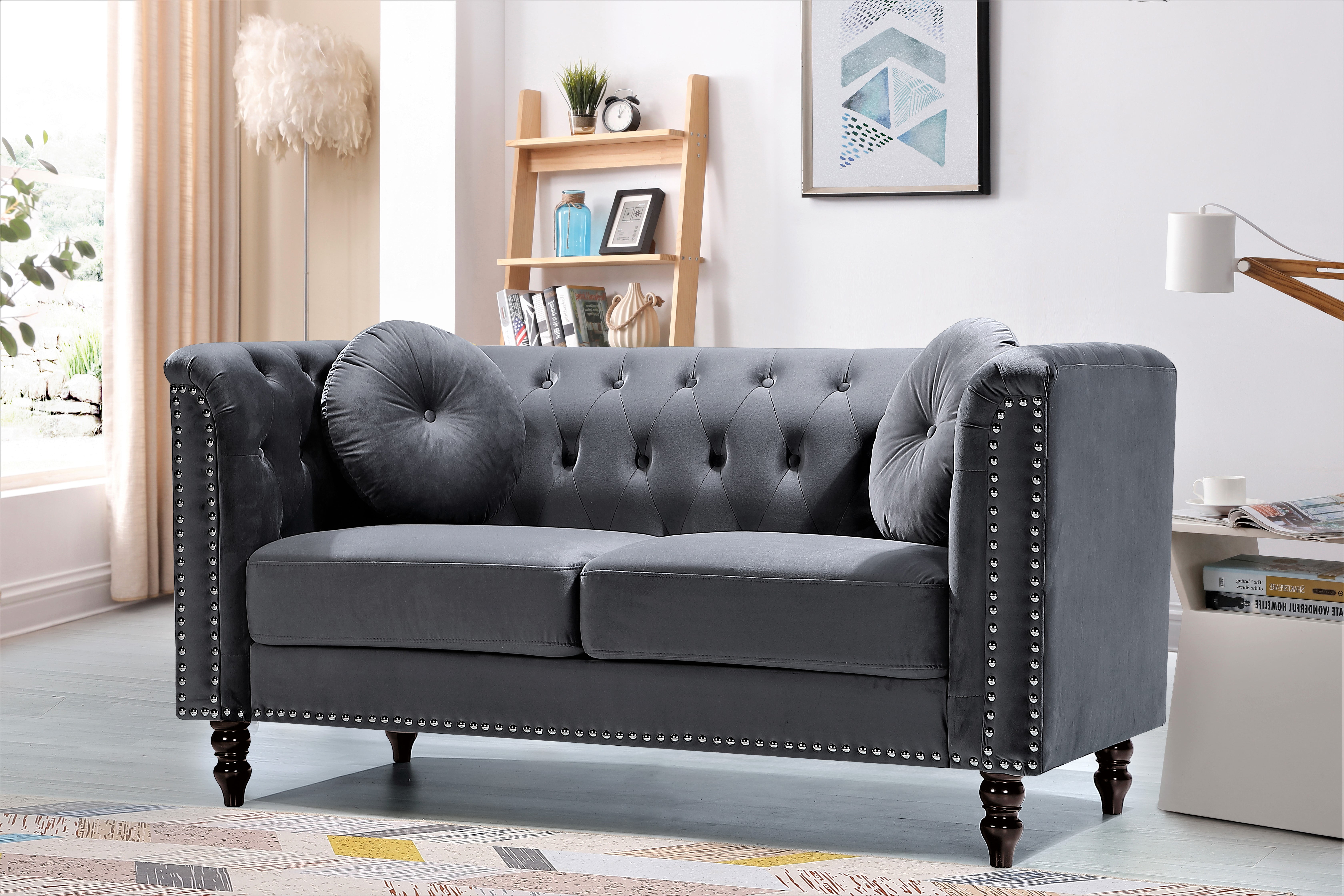 Uspridefurniture Aathish 65'' Velvet Rolled Arms Nailhead Loveseat -Gray