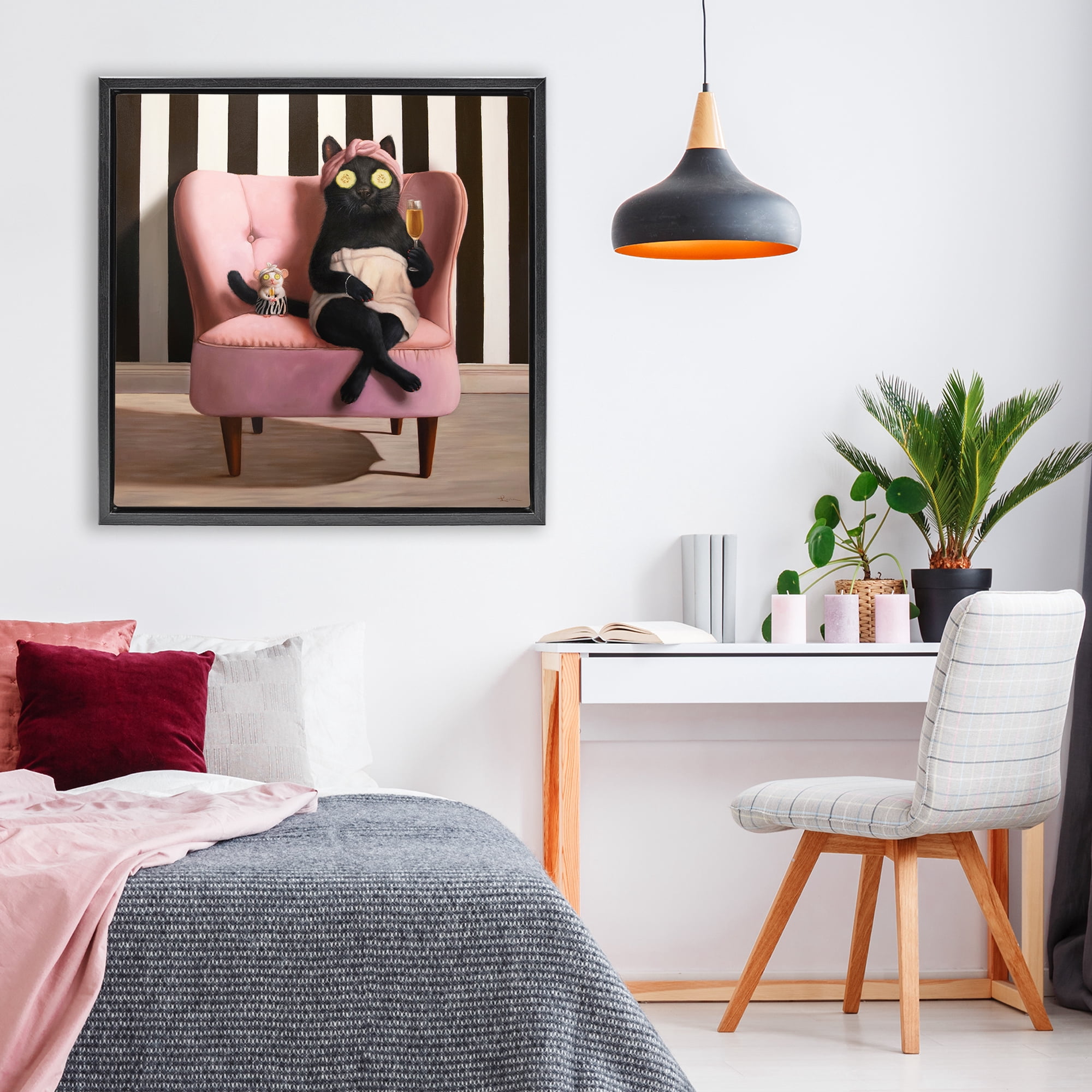 Stupell Industries Pamper Party Cat Black Framed Floater Canvas Wall Art, design by Lucia Heffernan