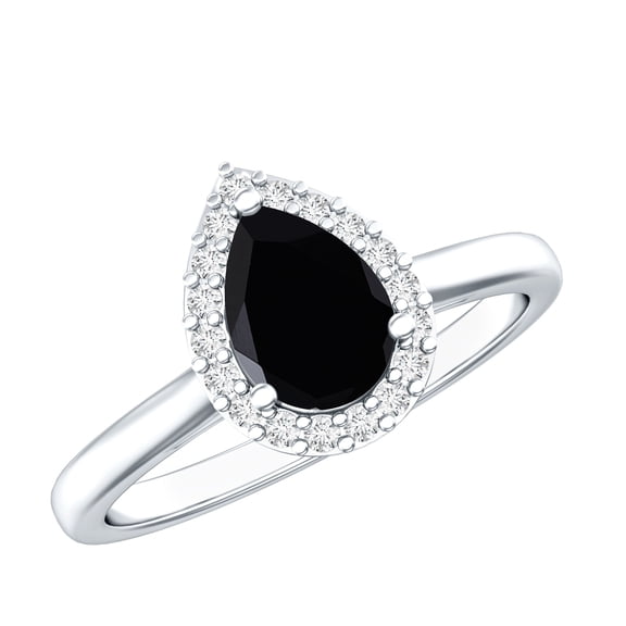 Rosec Jewels Real Black Spinel Teardrop Engagement Ring with Halo - 5X7 mm - Black Spinel Diamond Ring - AAA Quality, 925 Sterling Silver, US 4.00