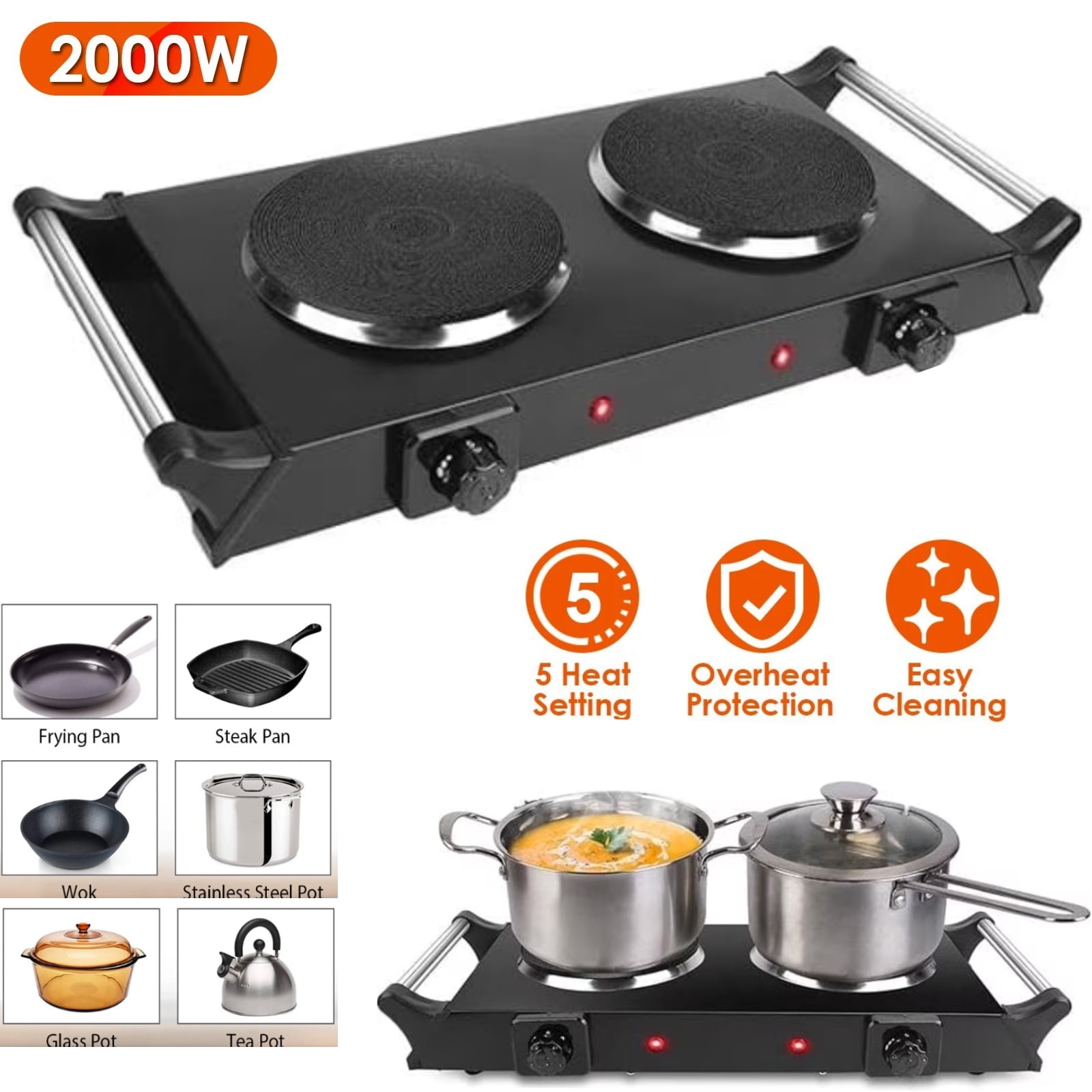 Electric Double Burner,2000W Hot Plate for Cooking,Electric Stove Burner, Dual Coil Portable Stove for Home Dorm Office Kitchen Camping, Electric Cooktop Compatible of All Cookware, Black