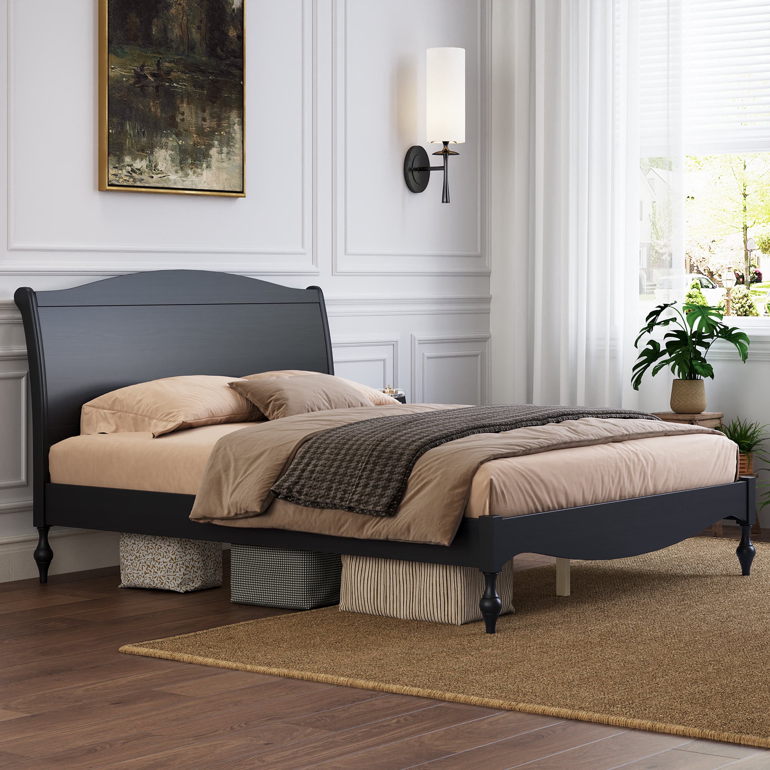 Euroco Wood Queen Size Platform Bed with Traditional Arched Headboard, Vintage Bed Frame, No Box Spring Needed, Black