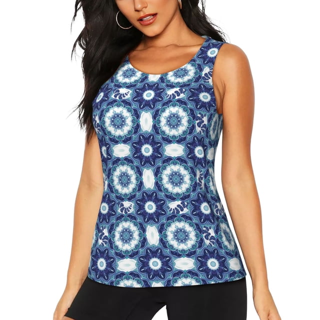 Balery Vintage Blue Camiseta sin mangas estampada ligera para mujer, tops de entrenamiento sin mangas, camisetas de yoga transpirables de secado rápido.-Small