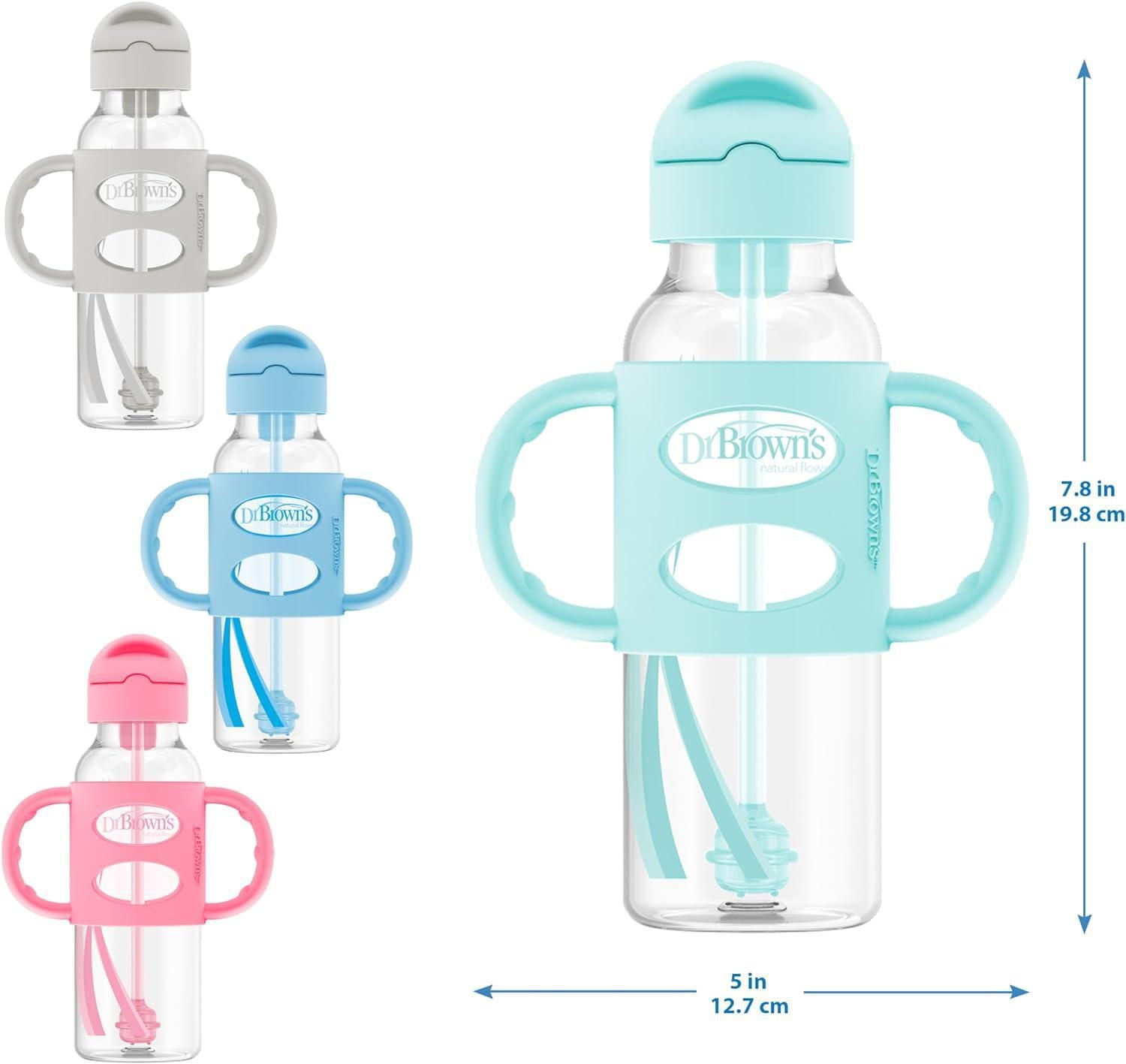 Dr. Brown's Milestones Narrow Sippy Straw Bottle, Spill-Proof with 100% Silicone Handles, Gray/Pink, 6m+, 2x8oz Bottles