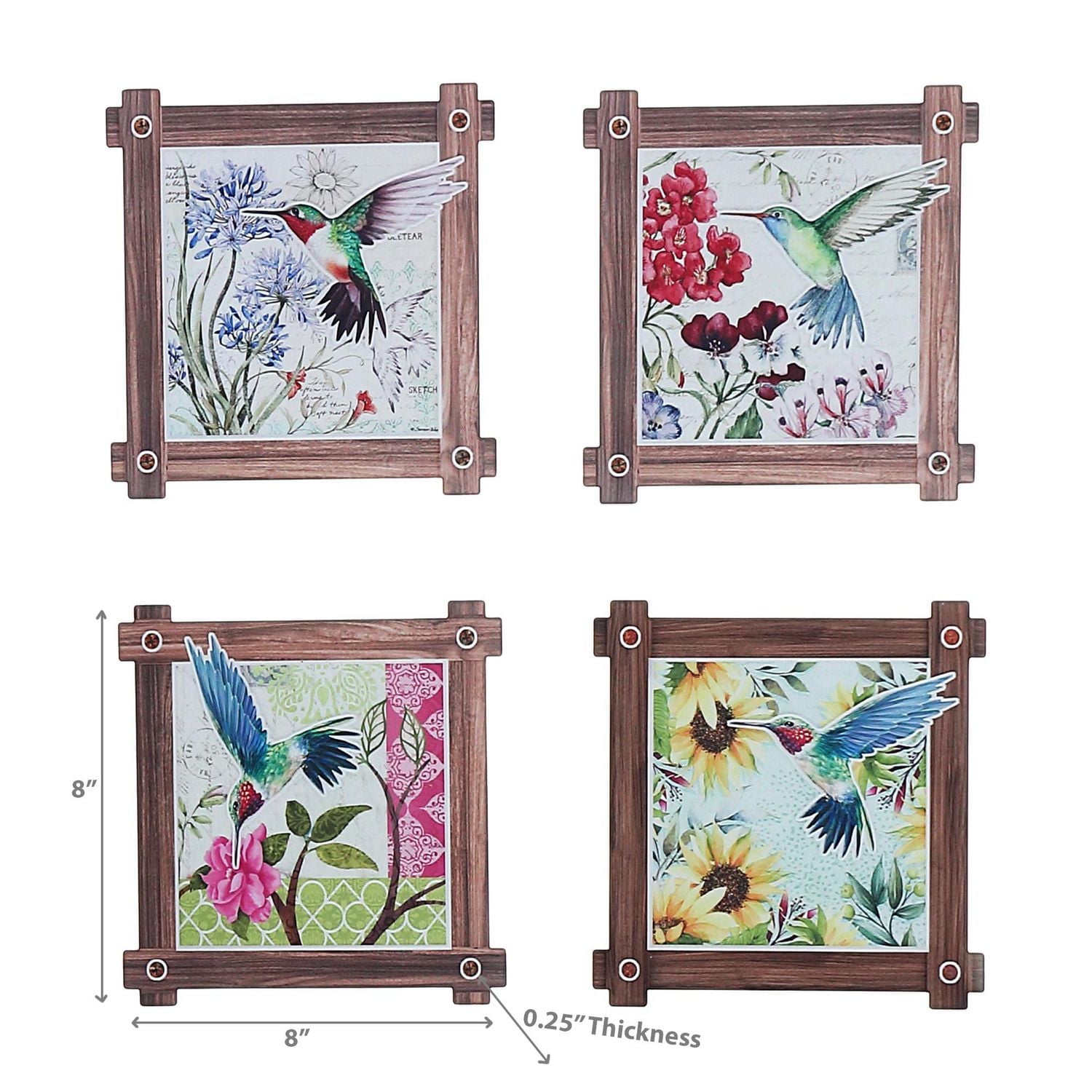 IH Casa Decor 8" Square Ceramic Trivet Hummingg Bird Asstd - Set of 4