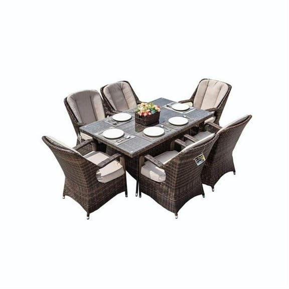 Direct Wicker PAD-1712-Brown Direct Wicker PAD-1712-Brown 7 Piece 6-Seat PE Rattan Wicker Outdoor Patio and Garden Rectangle Dining Table Chair Set