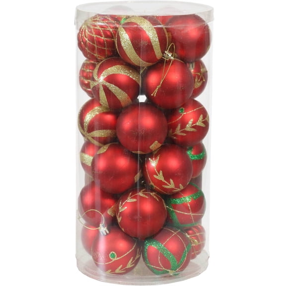 Sunnydaze Holiday Glitter Red/Gold Plastic Christmas Ornament Balls, 30 Count