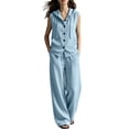 thumbnail image 2 of BRELIL Women's Two Piece Sets V Neck Sleeveless Hoodie Wide Leg Pants Casual Lounge Matching Sets Solid Boho Vacation Travel Outfits Loose Tracksuit, Sky Blue M, 2 of 6