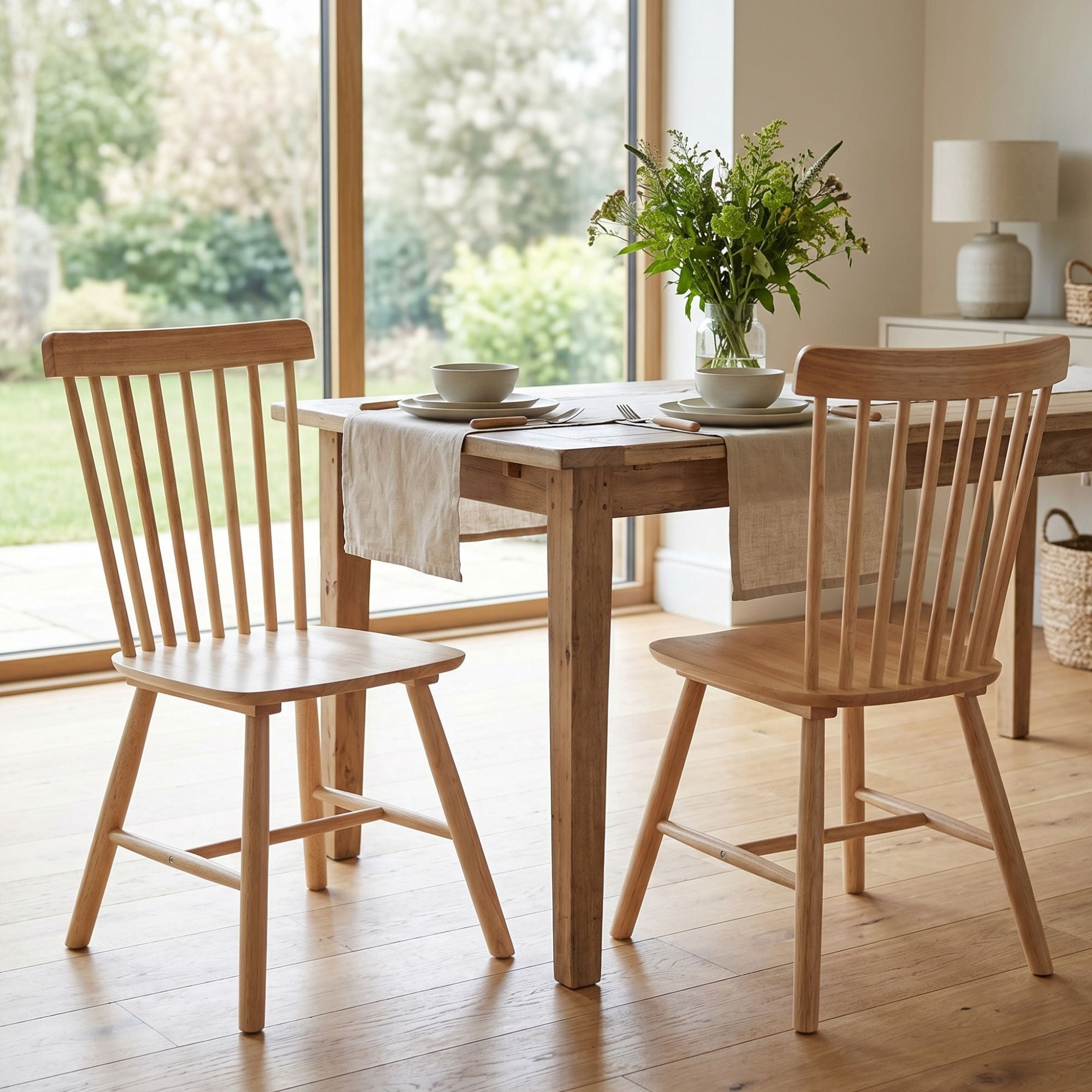 Dayalane Farmhouse Windsor Dining Chairs Set of 2, Solid Wood Spindle Back Dining Side Chairs, Mid-Century French Country Oak Kitchen Chairs for Dining Room Living Room Kitchen Restaurant, Natural