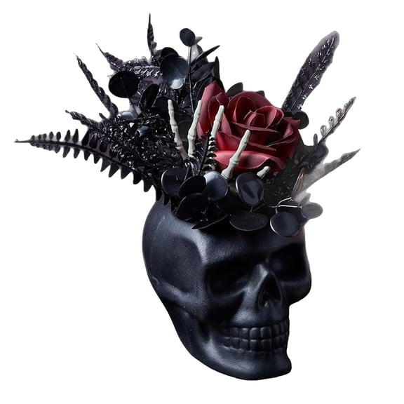 EverydayNest 7.9in Halloween Skull Flower Decoration,Black Gothic Rose Figurine with Bones,Spooky Desk Centerpiece for Haunted House Party Mantel Shelf Decor