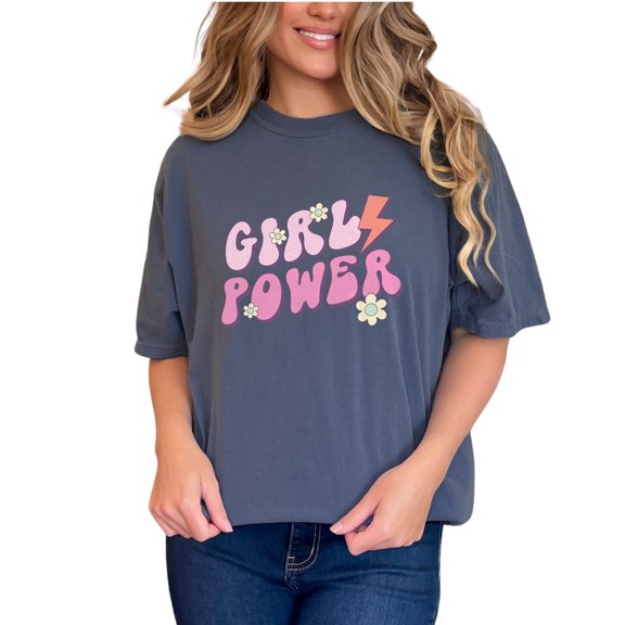 Girl Power, Retro Groovy Text Art, Denim Comfort Colors T-Shirt, Small