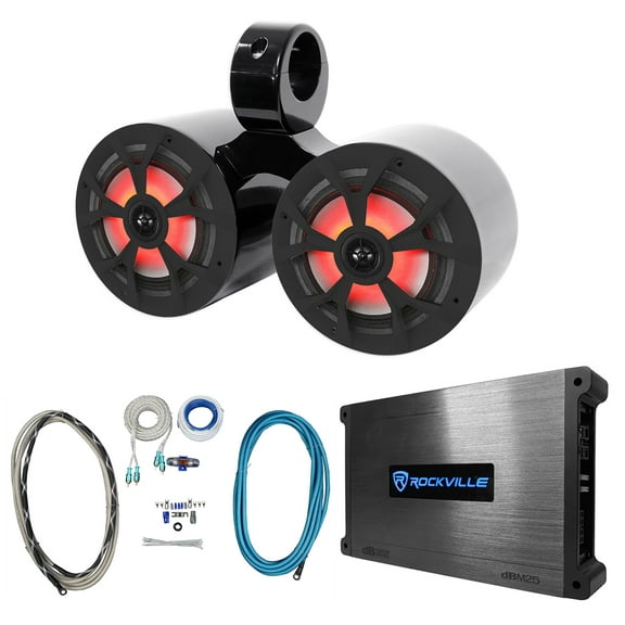 Rockville RKL65MBW Dual 6.5" 700w Marine Wakeboard LED Speakers Amplifier Wires