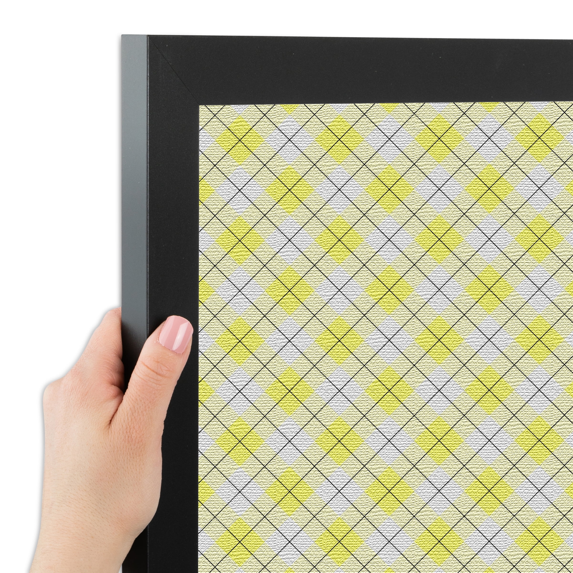 PinPix ArtToFrames 12x10 Custom Cork Bulletin Board Argyle Bright Yellow   Poster Board Has a Fabric Style Canvas Finish, Framed in Satin Black (PinPix-647)