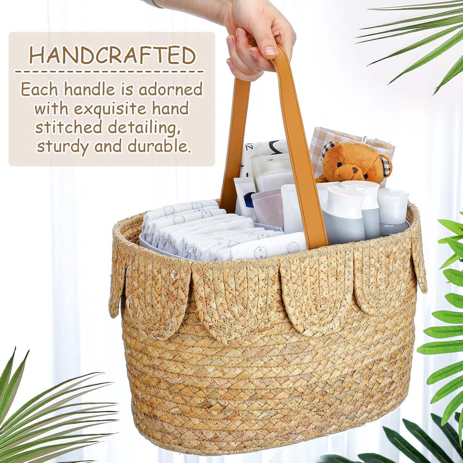 Baby Diaper Caddy Organizer Scalloped Rattan Basket with Handle and Removable Divider Diaper Caddy Basket Handmade Wicker Woven Scalloped and Nursery Storage for Baby Shower Gifts Newborn