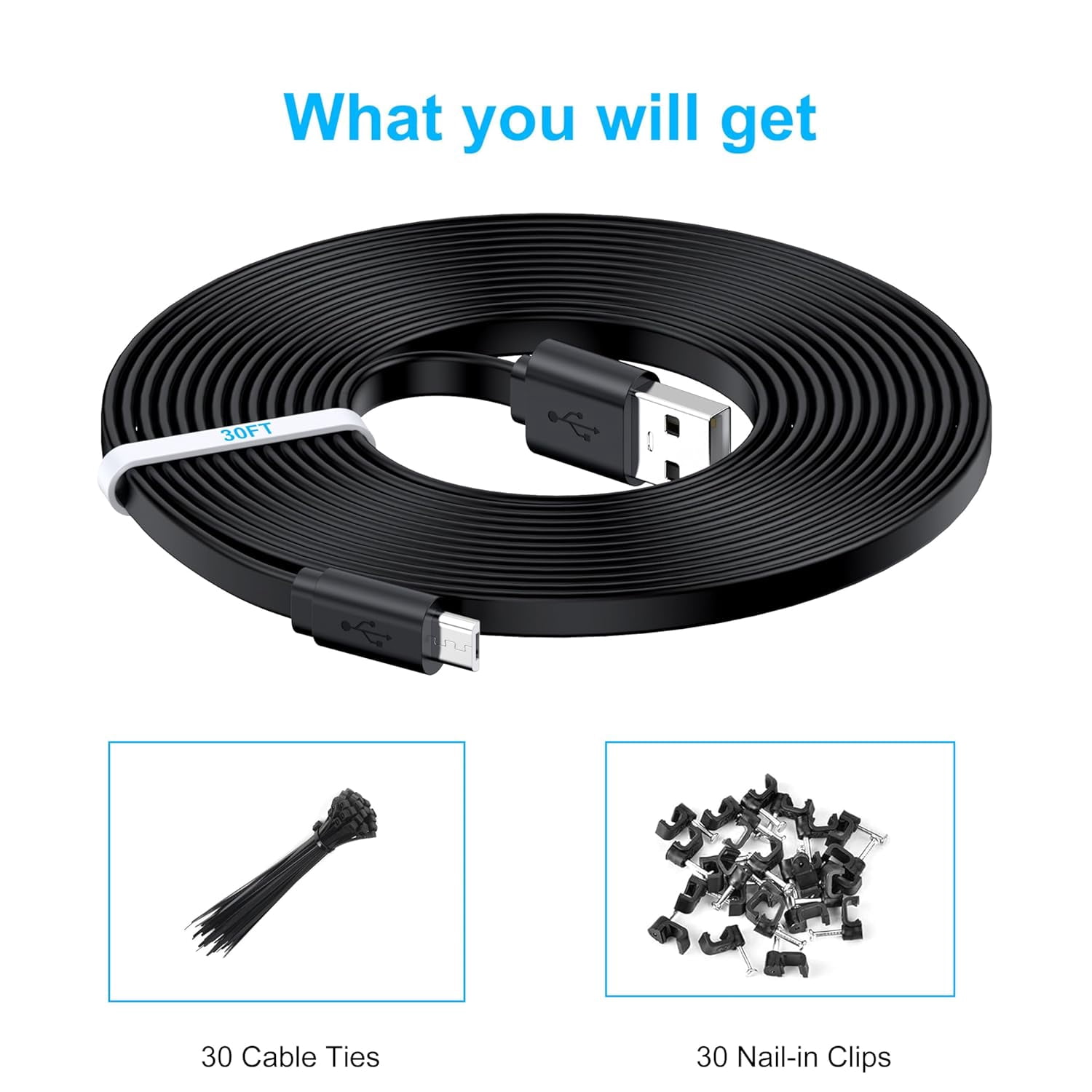 JJEAN-2 Pack 30FT Power Extension Cable,Flat Extension USB to Micro USB Charging Cord,Compatible with Wyze Cam v4/v3/OG/v3 Pro,Blink,Nest Cam Indoor,Fire Kindle(Not for Wyze Cam Pan v3,Not Type-C)