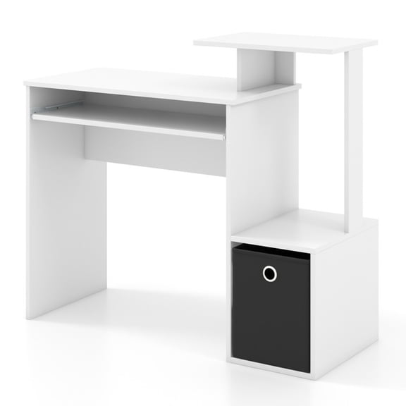 Furnibear Space-Saving Compact Computer Desk with Pull-Out Keyboard Tray Storage Shelf and Fabric Bin - White