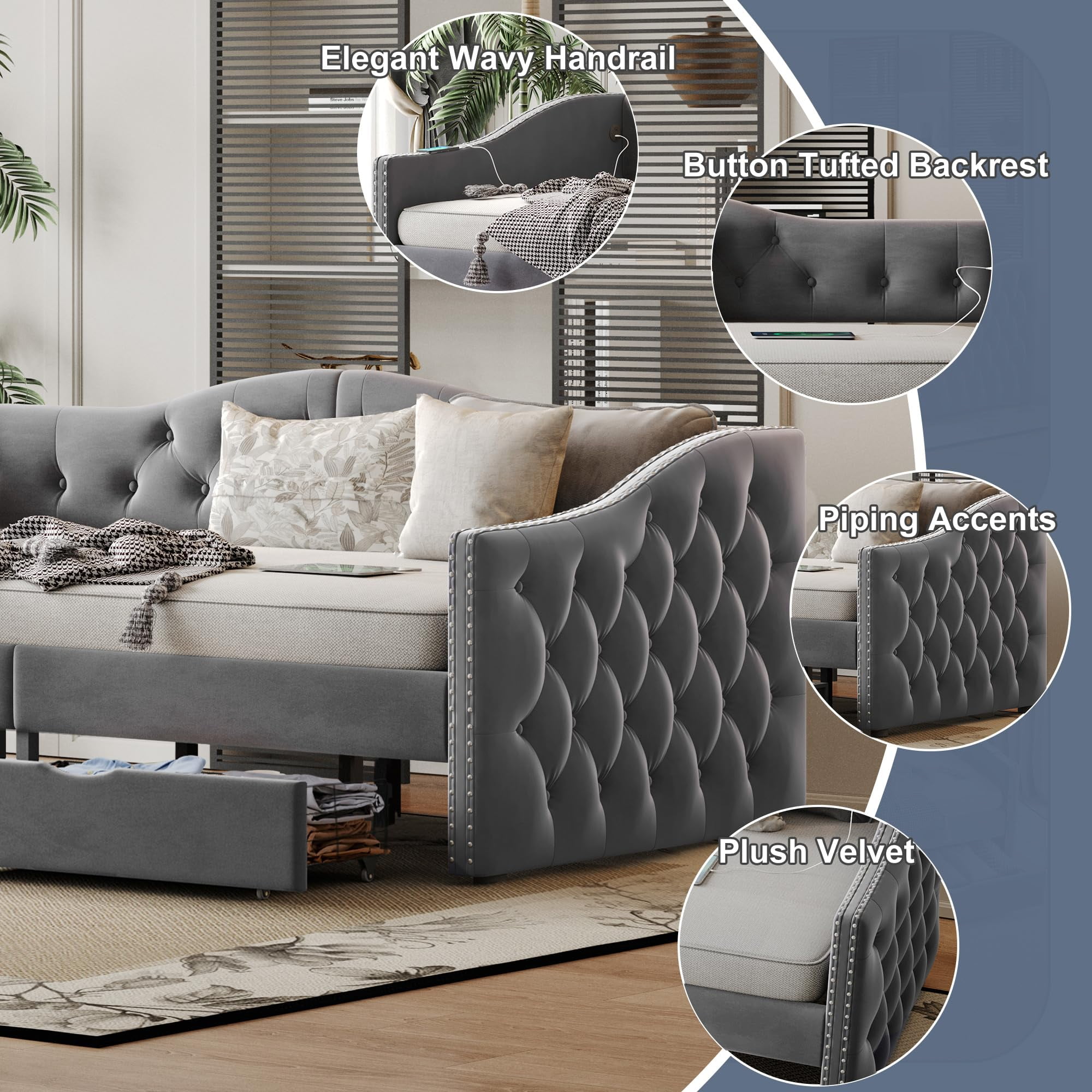 Miniyam Twin Upholstered Daybed with Drawers, Tufted Velvet, Gray