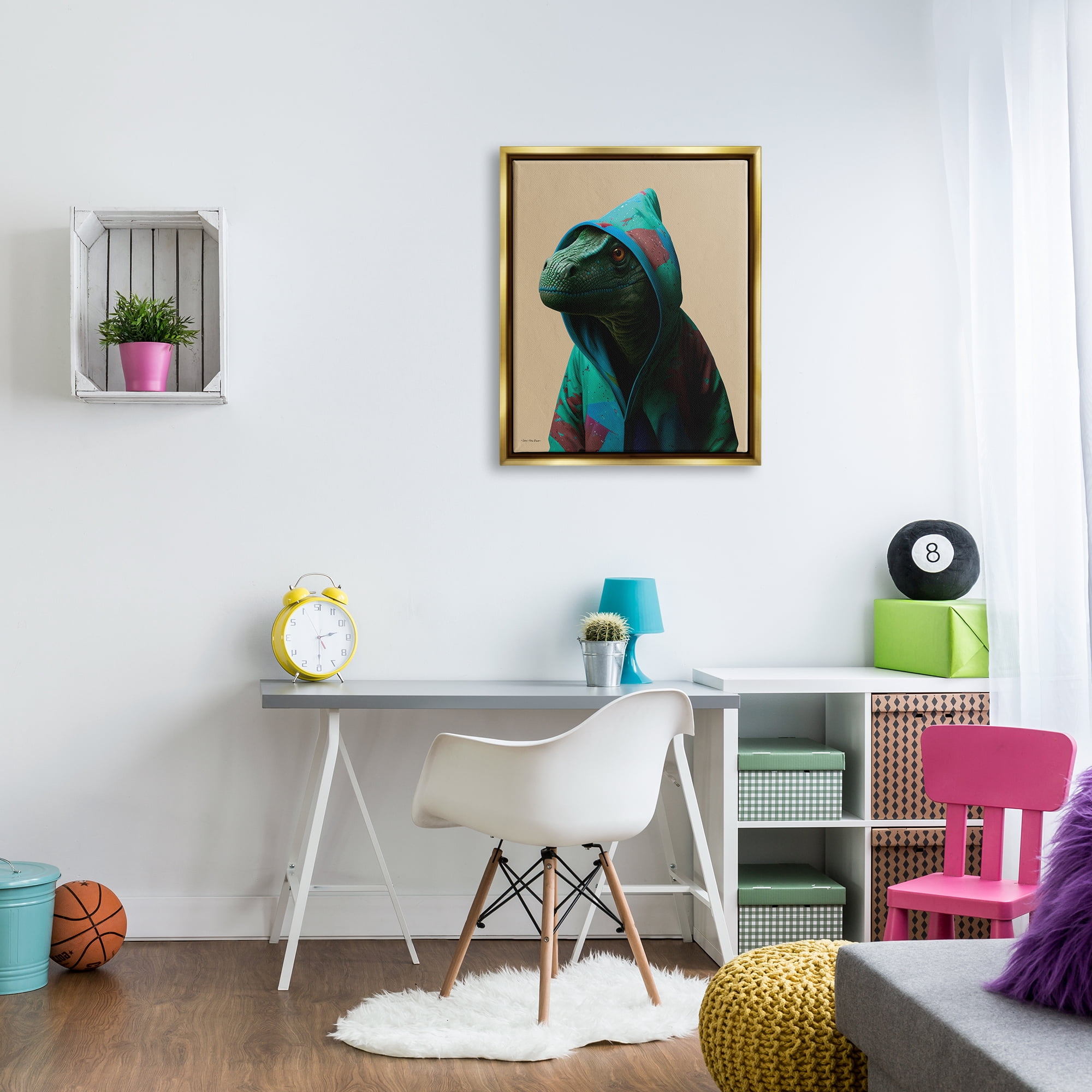 Stupell Industries Dinosaur in Stylish Hoodie Animals & Insects Painting Gold Floater Framed Canvas Art Print Wall Art, 25 x 31