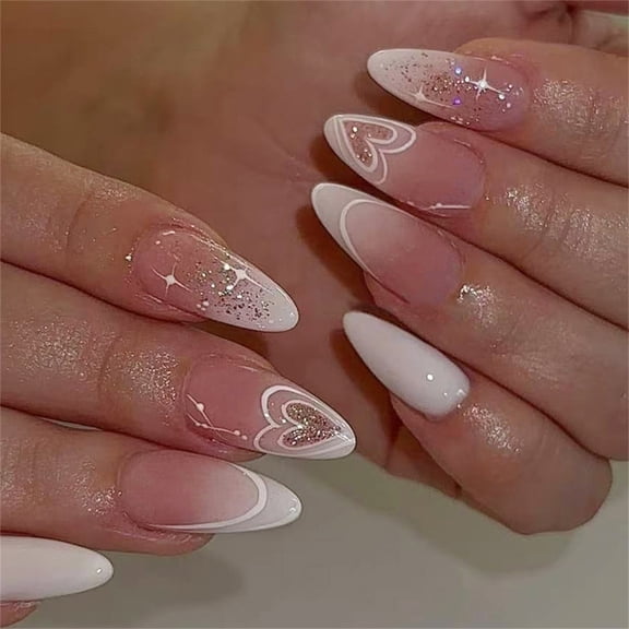 Zeiwohndc Medium Almond Fake Nail 24pcs French Gradient White Heart Glitters Design