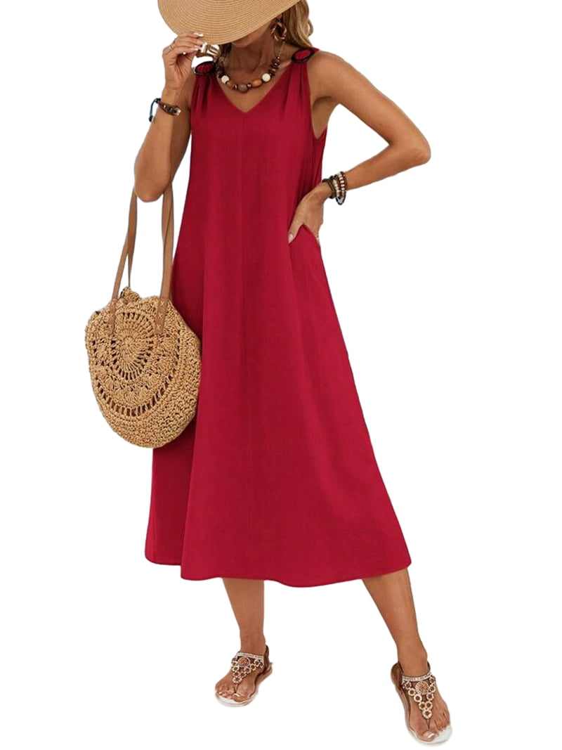 Dresses for Women Spring Summer Sleeveless V Neck Cotton Beach Casual Dress Wine Red XXL