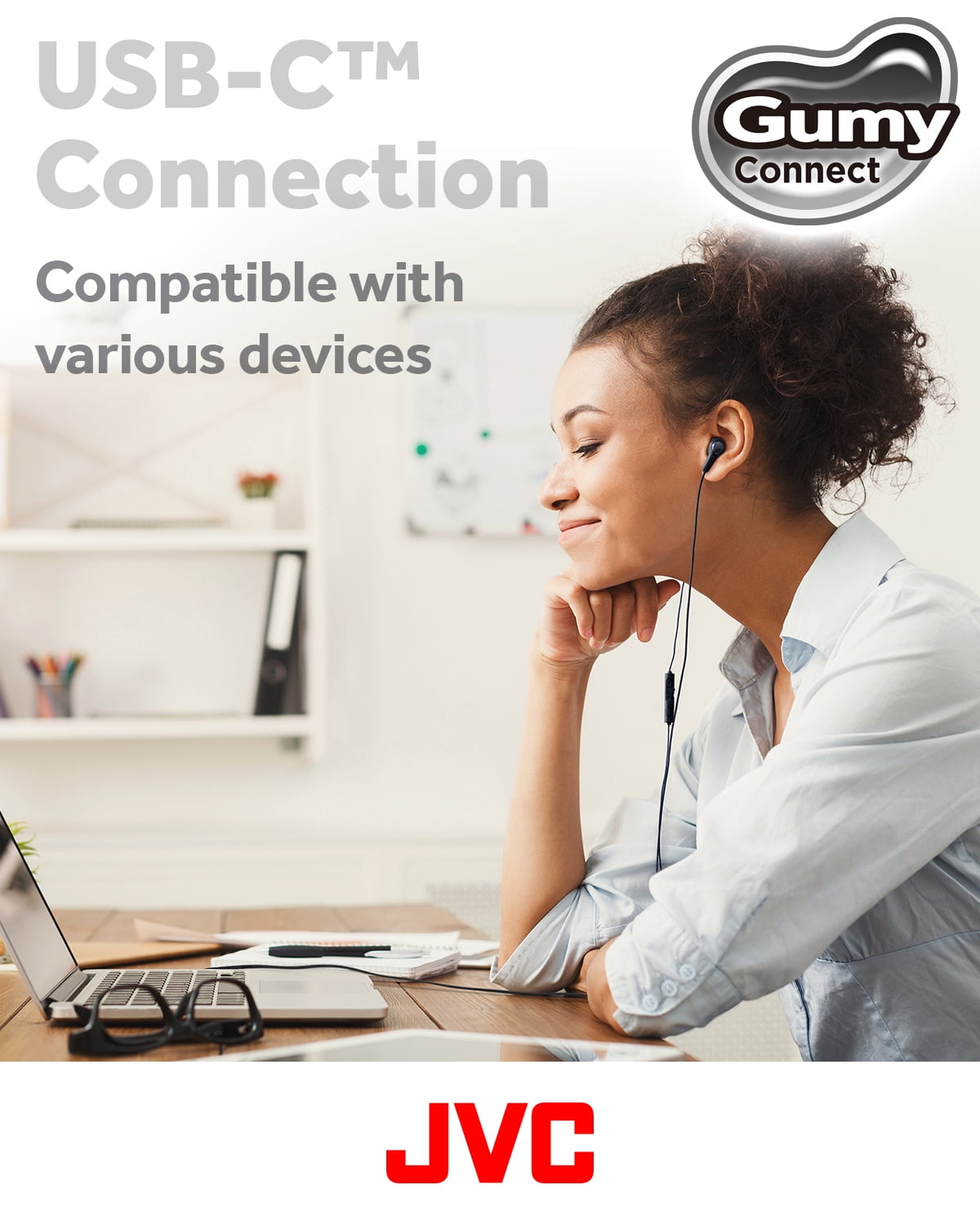 JVC Gumy Connect USB-C Wired Earbuds Headphones, Delay-Free for Videos and Gaming, Built-in DAC Reduces Noise and Improves Sound Quality, 9.2 mm Diameter Neodymium Drivers - HAFR9UCB (Black)