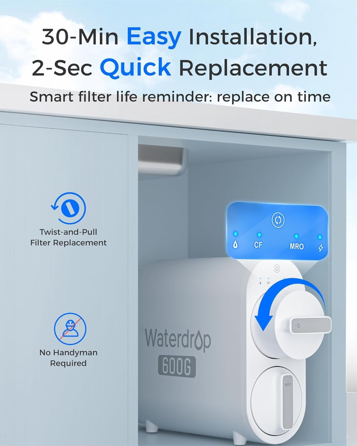 Waterdrop WD-G2P600-RO Filter, Replacement for WD-G2P600-W Reverse Osmosis System, 2-year Lifetime, Reduce PFAS