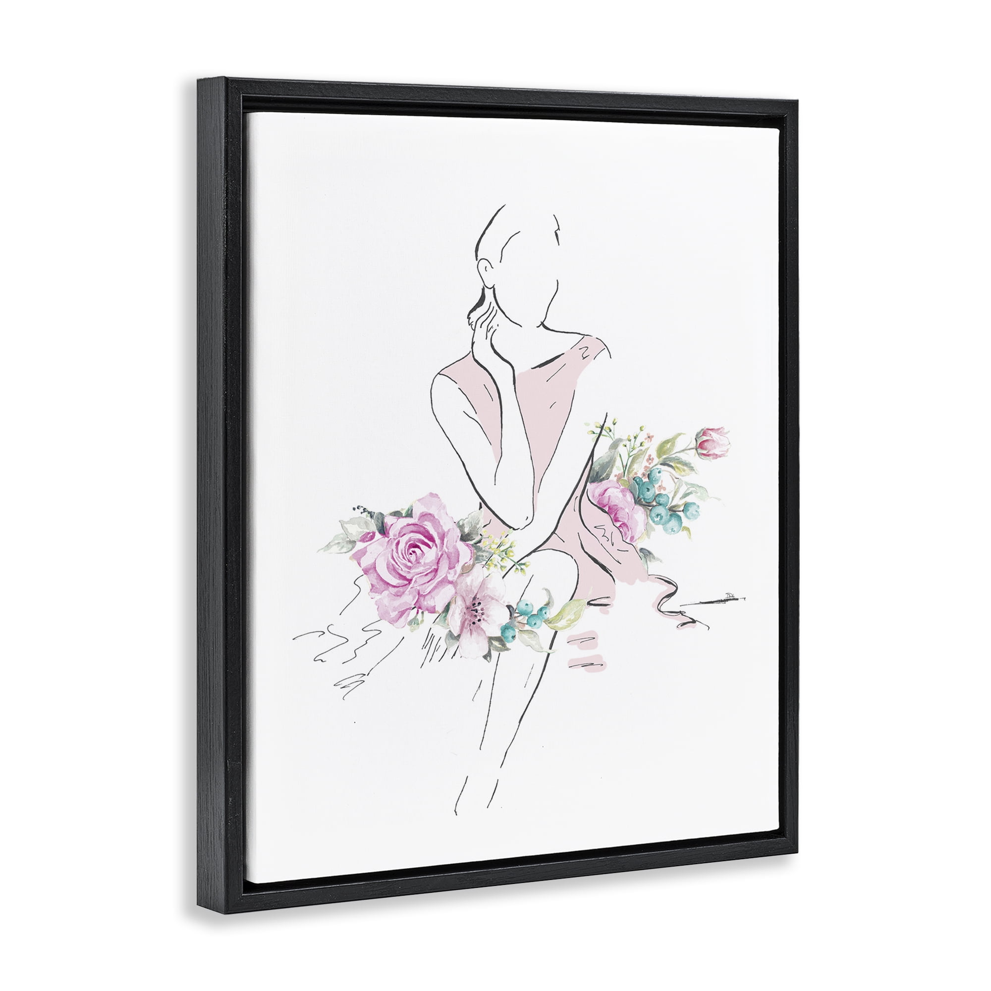 Stupell Industries Soft Floral Fashion Novelty Painting Black Floater Framed Art Print Wall Art, 25 x 31