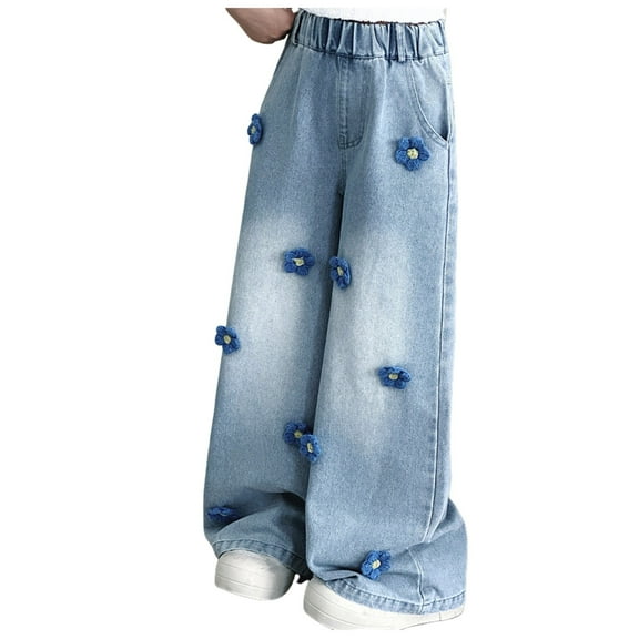 WUANDIXFA Wide Leg Pants Kids Junior Jeans for Teen Girl's Casual High Waist Wide Leg Denim Pants Jeans Blue,7-8 Years