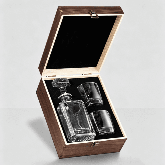 4-Piece Crystal Whiskey Decanter Set with 2 Tumbler Glasses & Wooden Gift Box, for Scotch & Bourbon Drinks