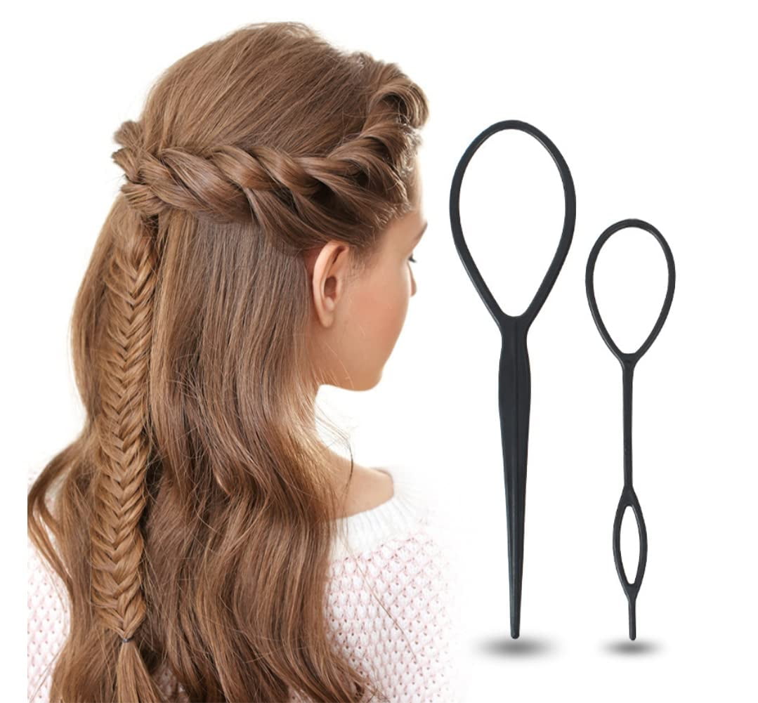 2pcs(large+small) Hair Braiding Tool Ponytail Styling Maker French Braid Loop Tool for Women (Black)