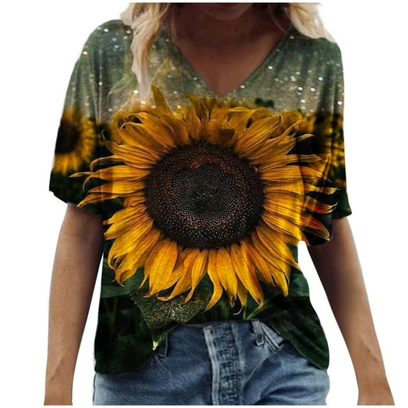 USSUMA Plus Womens Tops Dressy Casual Loose Cute Plus Size V Neck Women's Tunics Sunflower Print Graphic Basic Tee T Shirts for Women Short Sleeve Summer Blouses Trendy