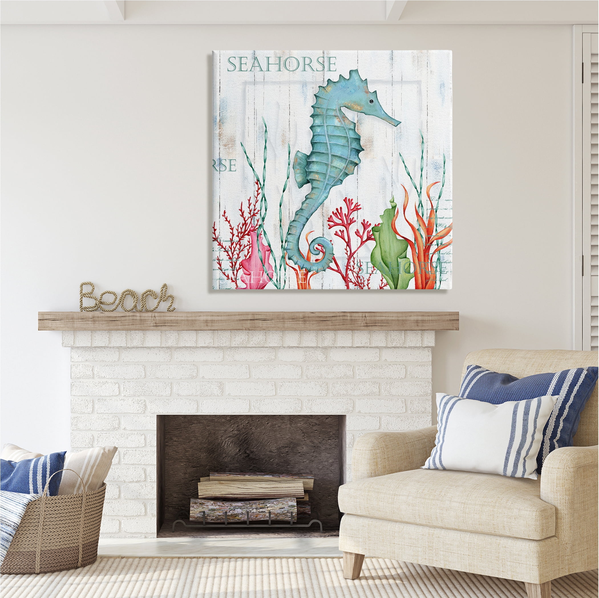 Stupell Industries Seahorse on Rustic Plank Pattern Animals & Insects Painting Gallery Wrapped Canvas Print Wall Art, 36 x 36