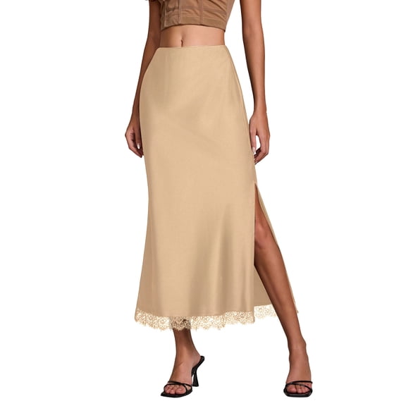 PYGNJK Womens Satin Silk Madi Skirt A-Line Side Slit Elastic Waist Lace Trim Long Skirt Elegant Solid Skirts