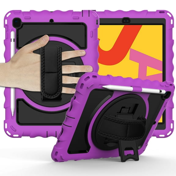 For Apple iPad 9.7 inch Tablet Complete 360 Tough Hybrid Kickstand with Shoulder Hand Strap - Purple