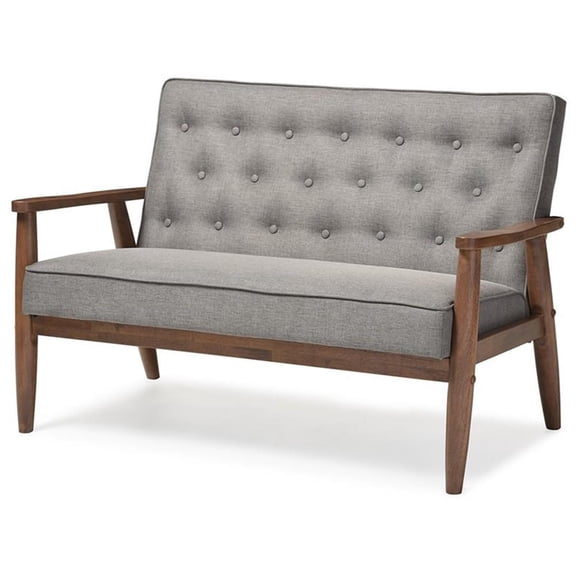 Pemberly Row Faux Leather Tufted Loveseat in Gray and Walnut