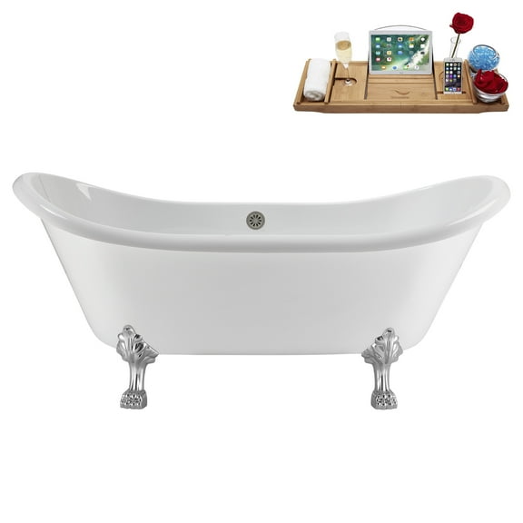 71" Streamline N5100CH-BGM Soaking Clawfoot Tub and Tray With External Drain in Brushed Gun Metal and Polished Chrome Clawfeet