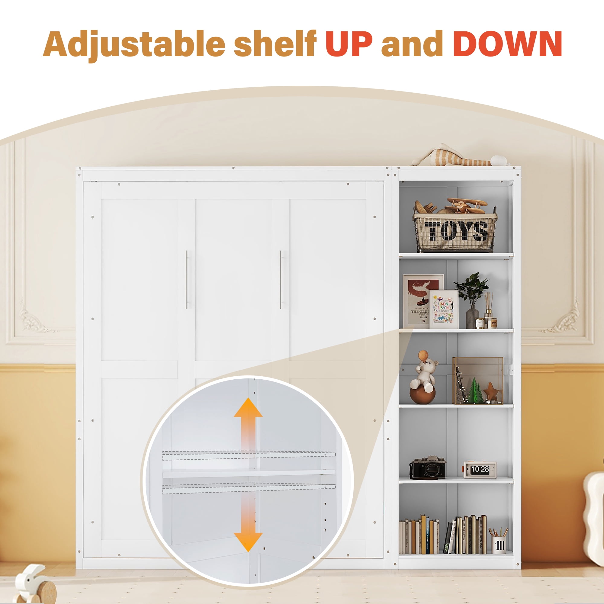 Aukfa Full Size Murphy Bed, Wood Cabinet Bed Frame with Adujstable Shelves, Foldable Platform Wall Bed Frame for Guest-Room, Home, Office, White