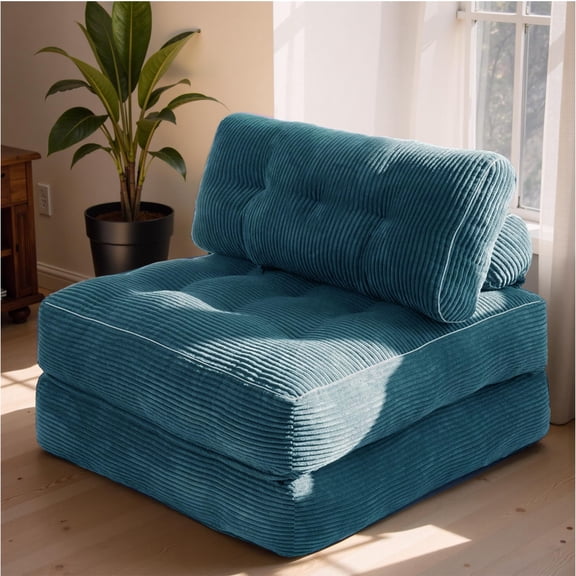 Blue Corduroy Folding Sofa Bed Convertible Sleeper Chair With Pillow Single Size Floor Mattress