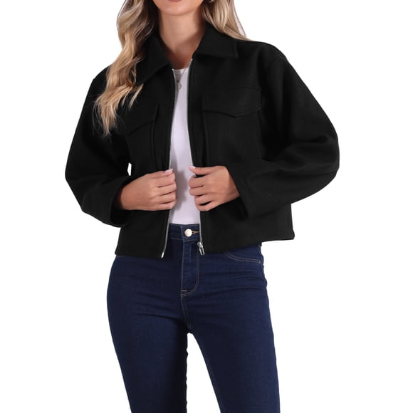 Chaqueta con Cremallera para Mujeres, con Cuello de Solapa, Dos Bolsillos, Manga Larga, Abrigo Casual Negro XL
